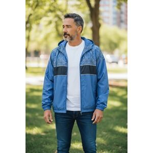 Original Use Mens Blue Bandana Print Hooded Windbreaker Jacket Size‎ L